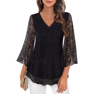 Women's 3/4 Sleeve Floral Blouses Shirts Double Layers V Neck Dressy Tunics Tops